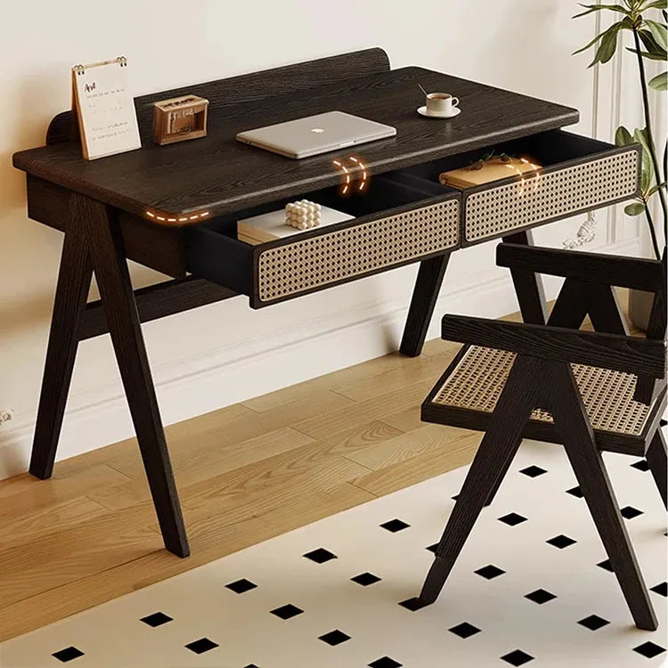Ash Wood Dressing Table With Rattan Drawers And Dark Finish