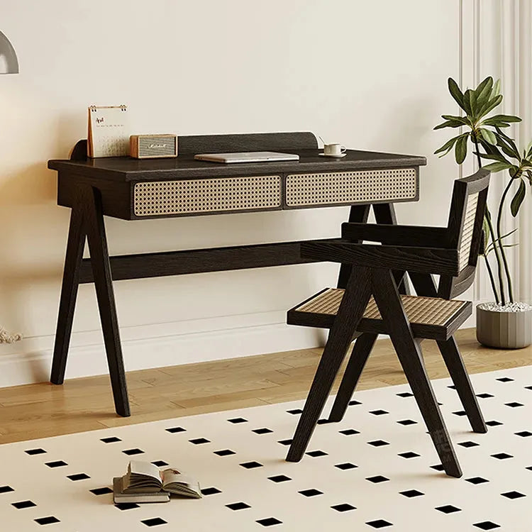 Ash Wood Dressing Table With Rattan Drawers And Dark Finish