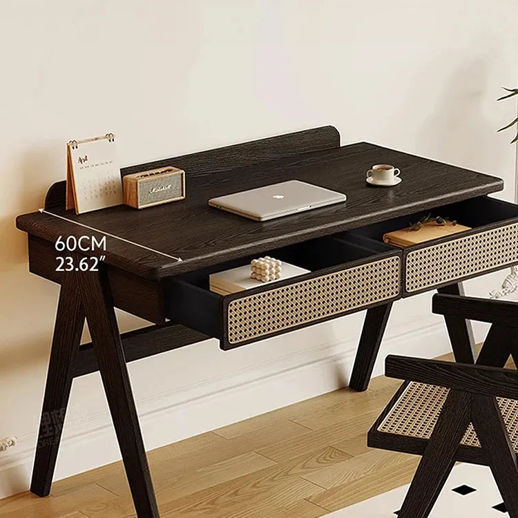 Ash Wood Dressing Table With Rattan Drawers And Dark Finish