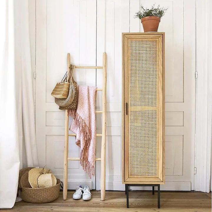 Oak Wood And Rattan Wardrobe With Metal Accents