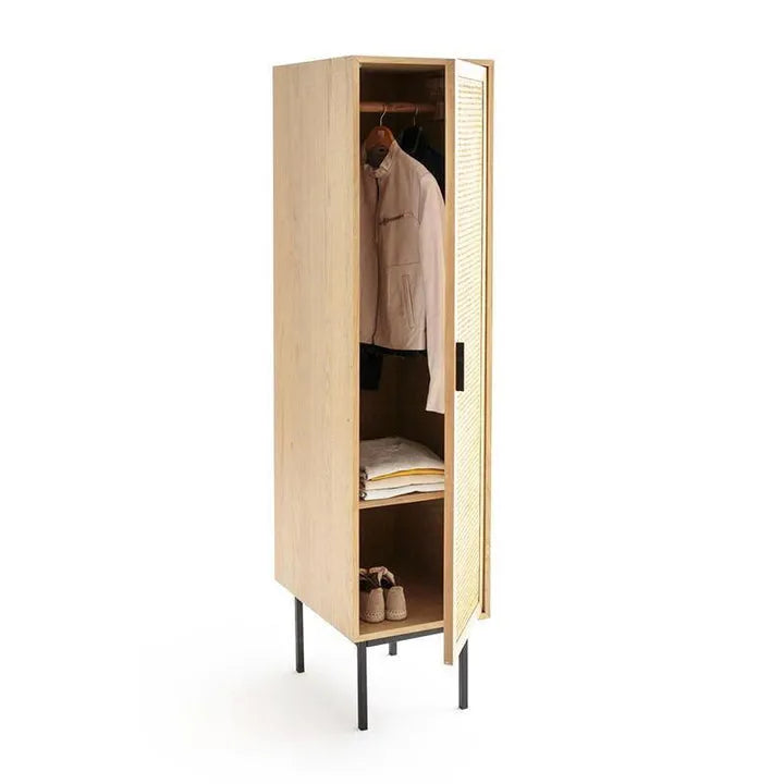Oak Wood And Rattan Wardrobe With Metal Accents
