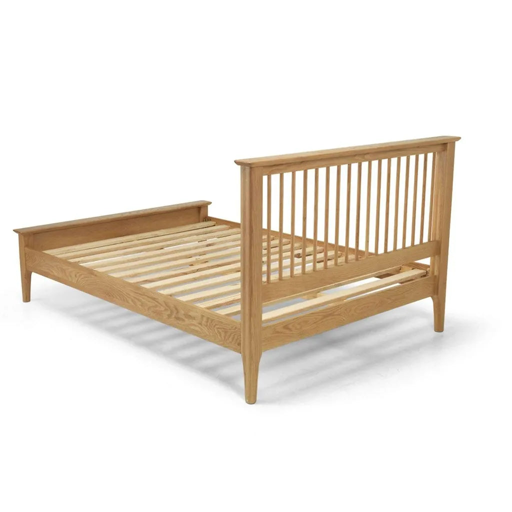Oak Wood Bed Frame With High Headboard And Slatted Base