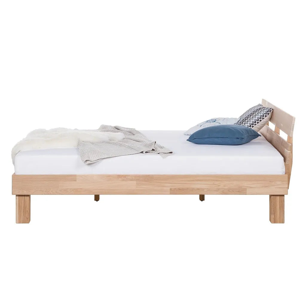Oak Wood Bed Frame With Mid Height Headboard And Simple Design