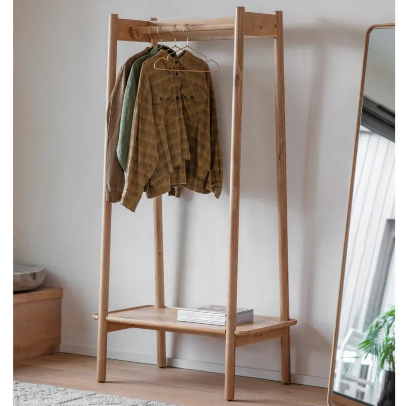 Oak Wood Clothes Rack With Shelf And Hanging Bar