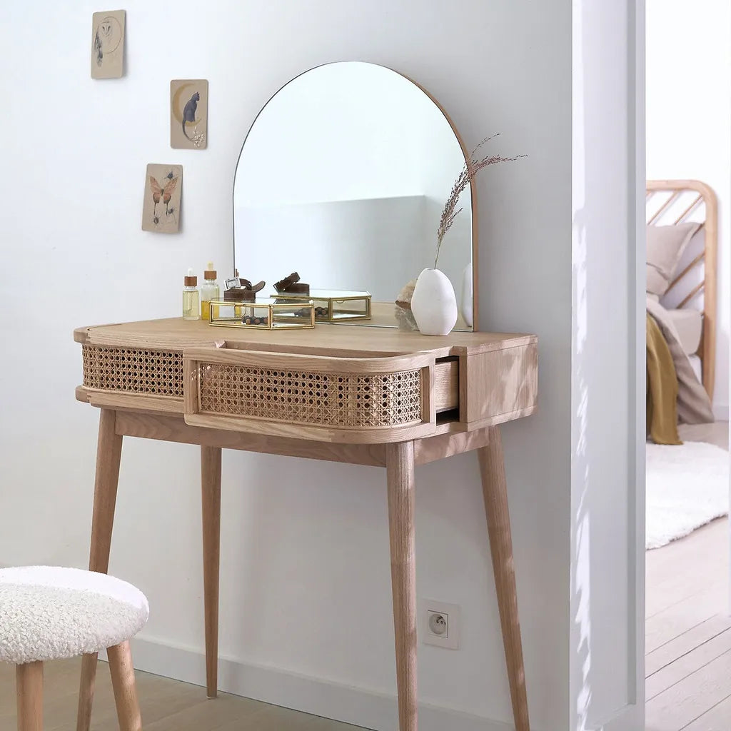 Oak Wood Dressing Table With Rattan Drawers And Arched Mirror