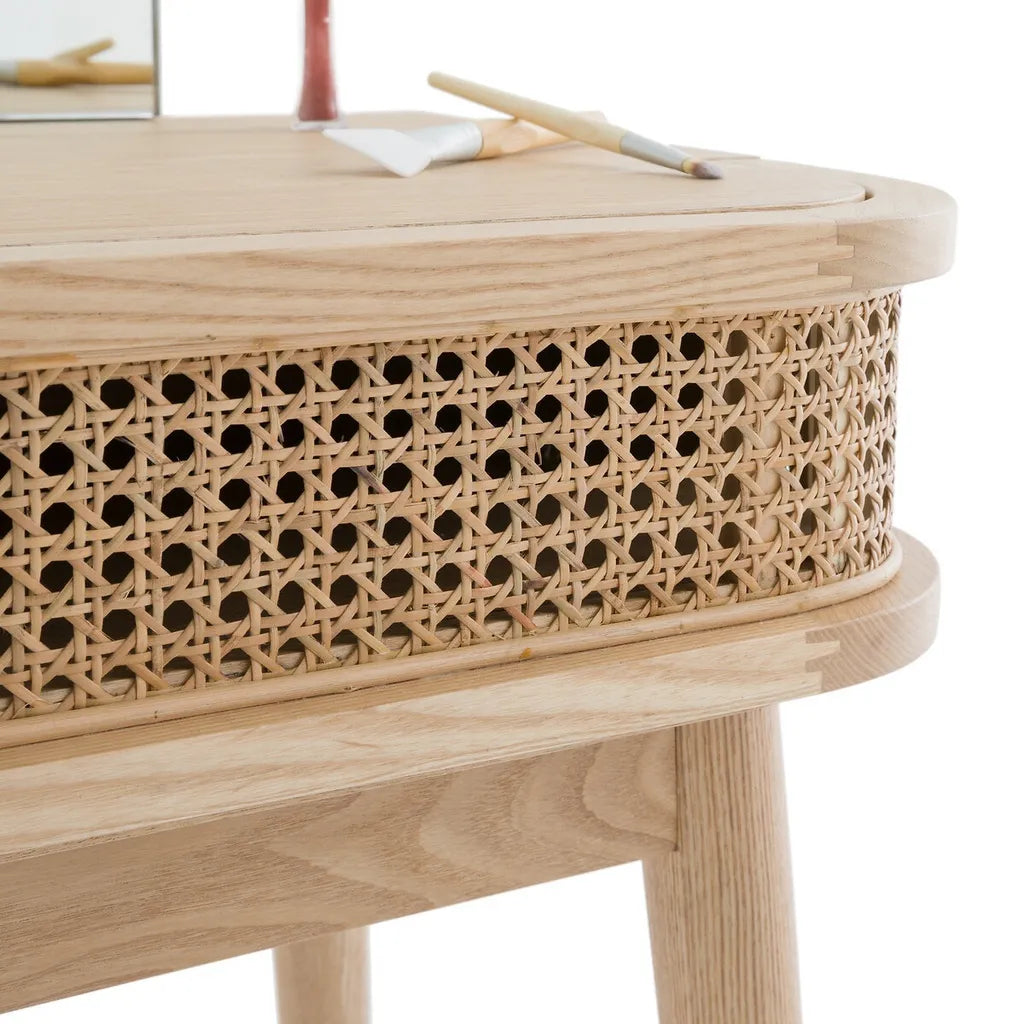 Oak Wood Dressing Table With Rattan Drawers And Arched Mirror