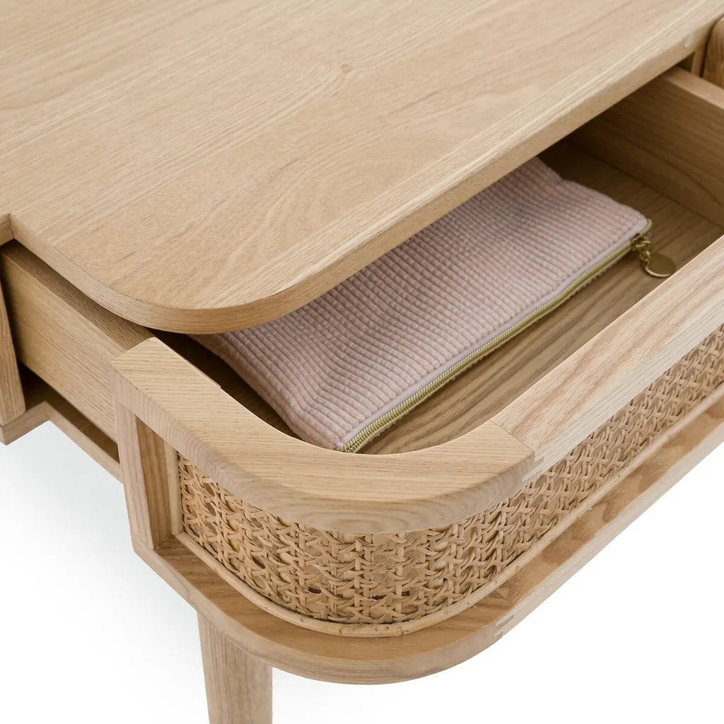 Oak Wood Dressing Table With Rattan Drawers And Arched Mirror
