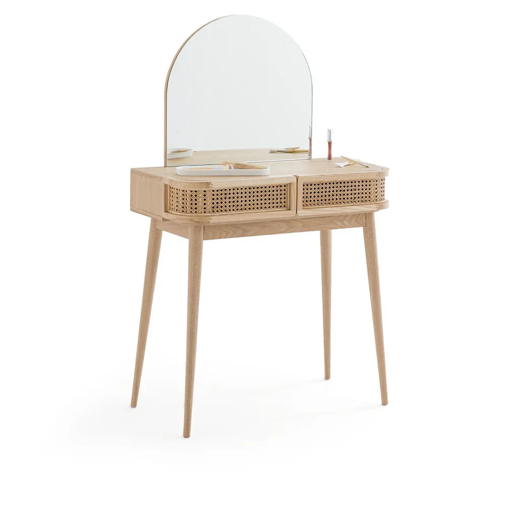Oak Wood Dressing Table With Rattan Drawers And Arched Mirror