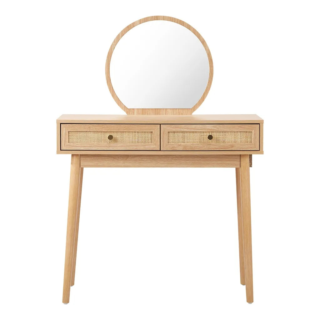 Oak Wood Dressing Table With Rattan Drawers And Round Mirror
