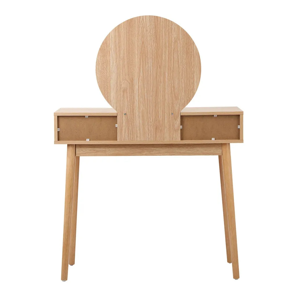 Oak Wood Dressing Table With Rattan Drawers And Round Mirror
