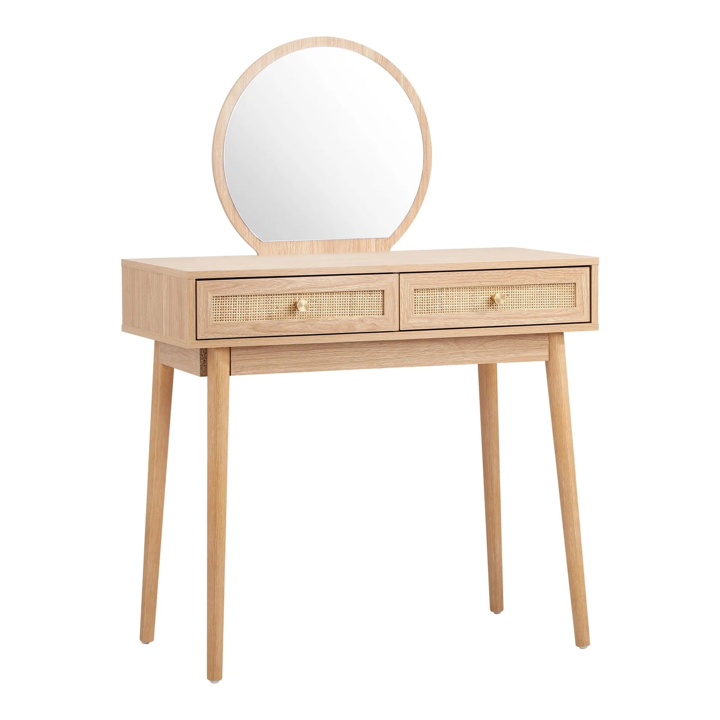 Oak Wood Dressing Table With Rattan Drawers And Round Mirror