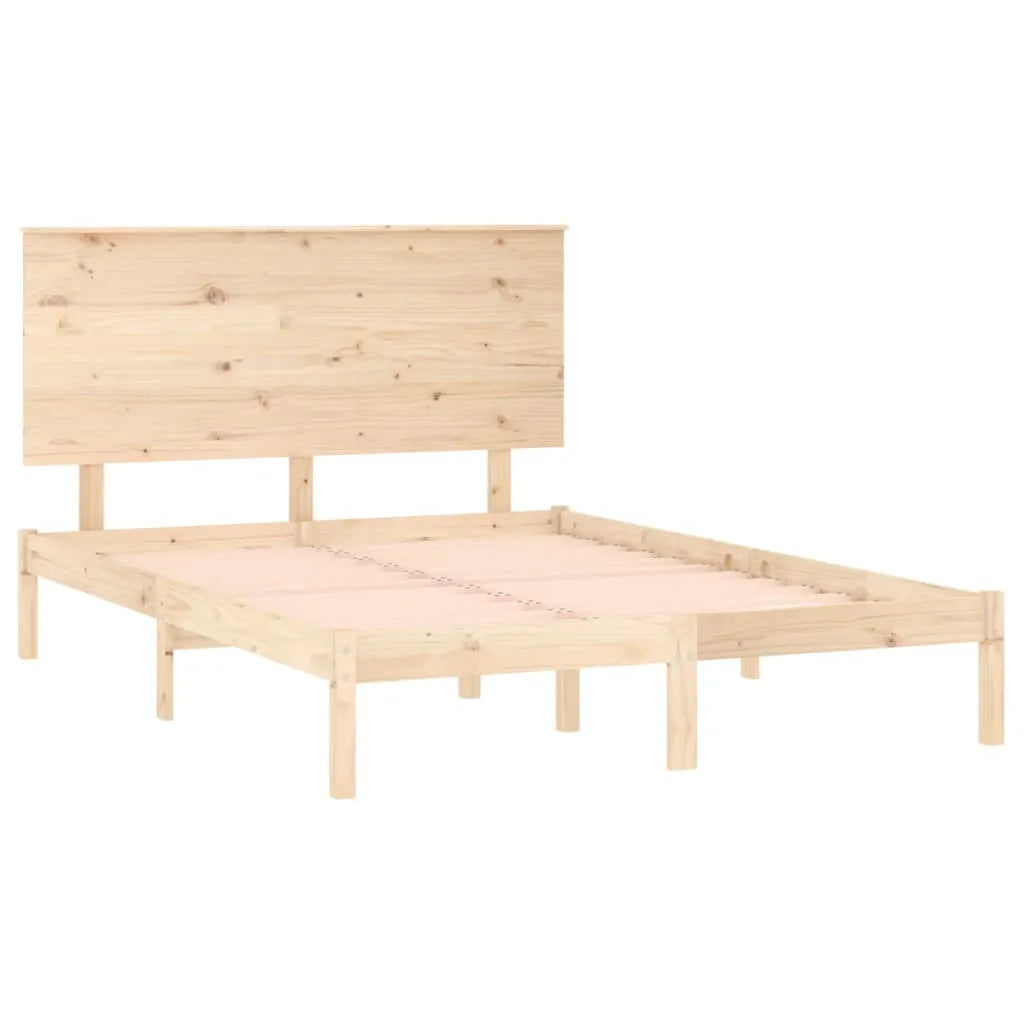 Pine Wood Bed Frame With Slatted Headboard And Sturdy Design