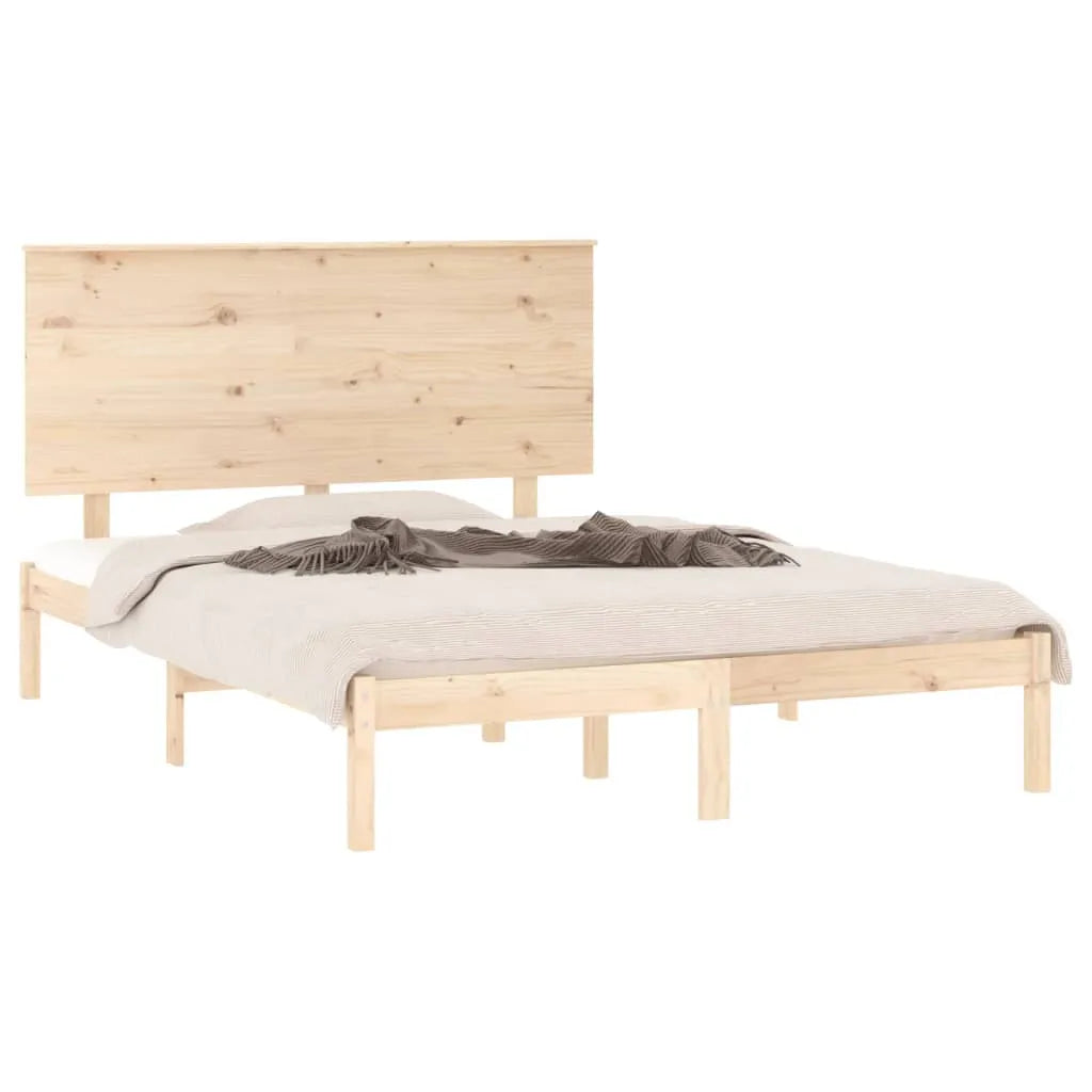 Pine Wood Bed Frame With Slatted Headboard And Sturdy Design