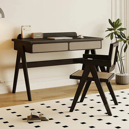 Ash Wood Dressing Table With Rattan Drawers And Dark Finish