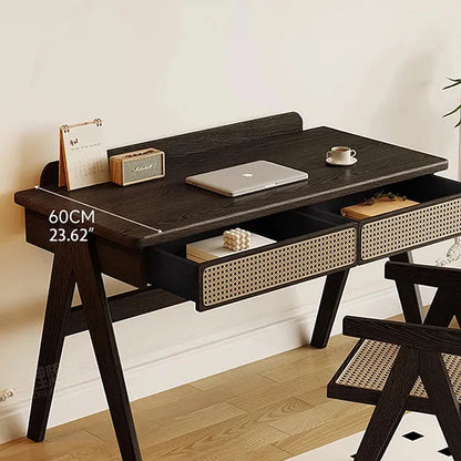 Ash Wood Dressing Table With Rattan Drawers And Dark Finish