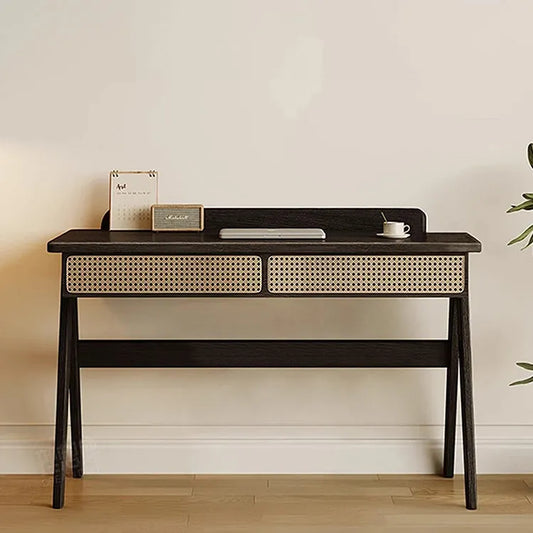 Ash Wood Dressing Table With Rattan Drawers And Dark Finish