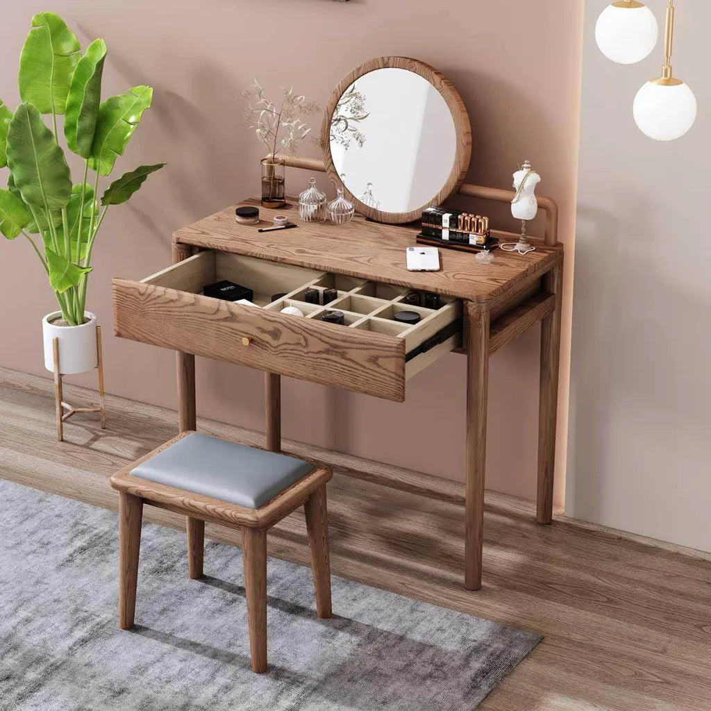 Ash Wood Dressing Table With Round Mirror And Hidden Drawer Organizer