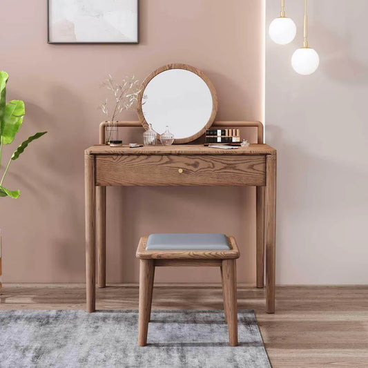 Ash Wood Dressing Table With Round Mirror And Hidden Drawer Organizer