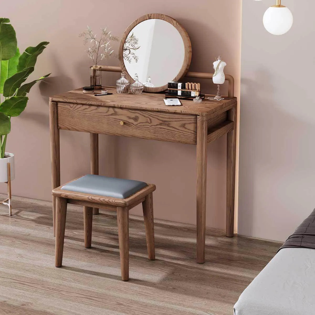 Ash Wood Dressing Table With Round Mirror And Hidden Drawer Organizer