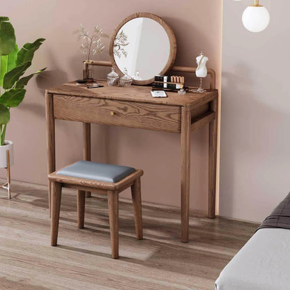 Ash Wood Dressing Table With Round Mirror And Hidden Drawer Organizer