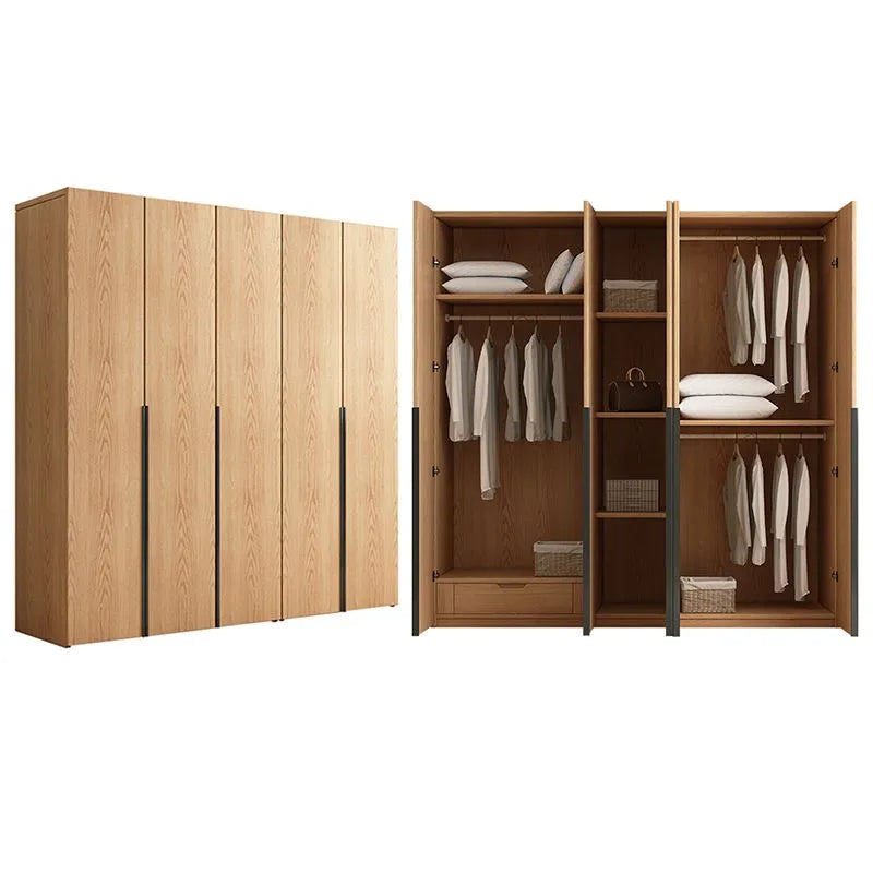 Five Door Oak Wood Wardrobe With Veneer Panels
