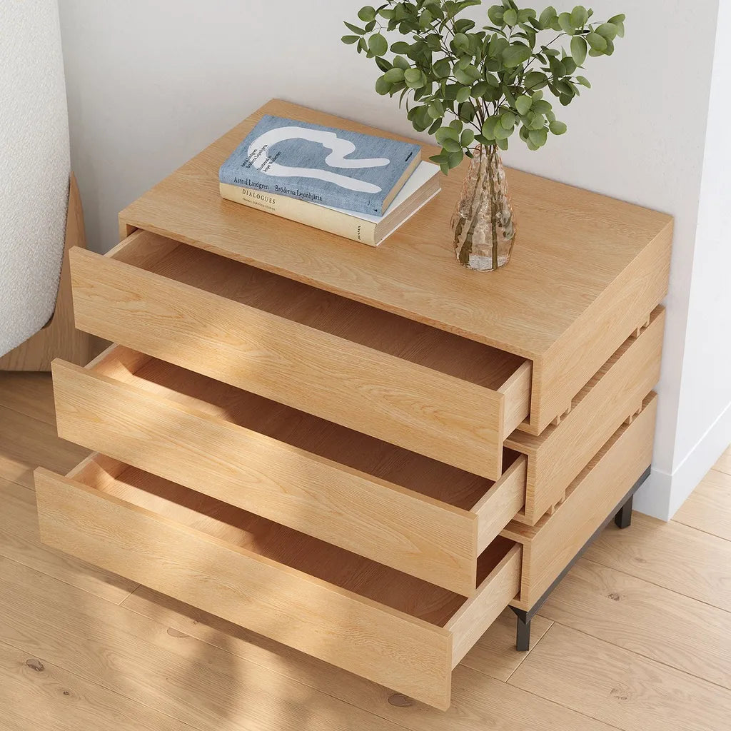 Industrial Oak Wood Nightstand With Metal Frame And Storage