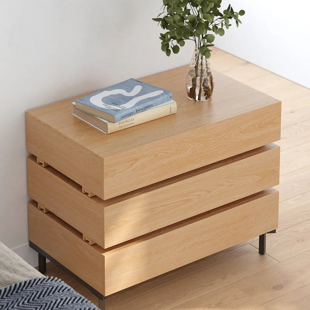 Industrial Oak Wood Nightstand With Metal Frame And Storage