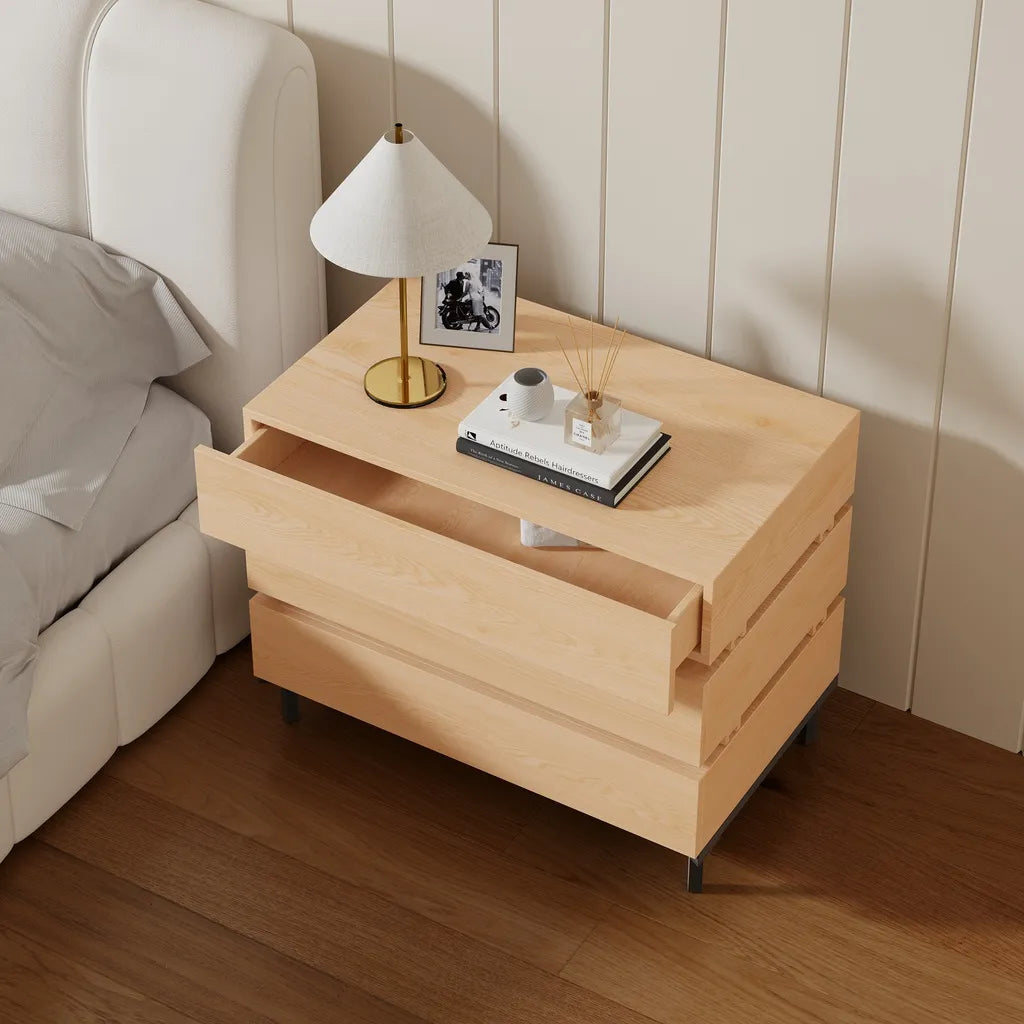 Industrial Oak Wood Nightstand With Metal Frame And Storage