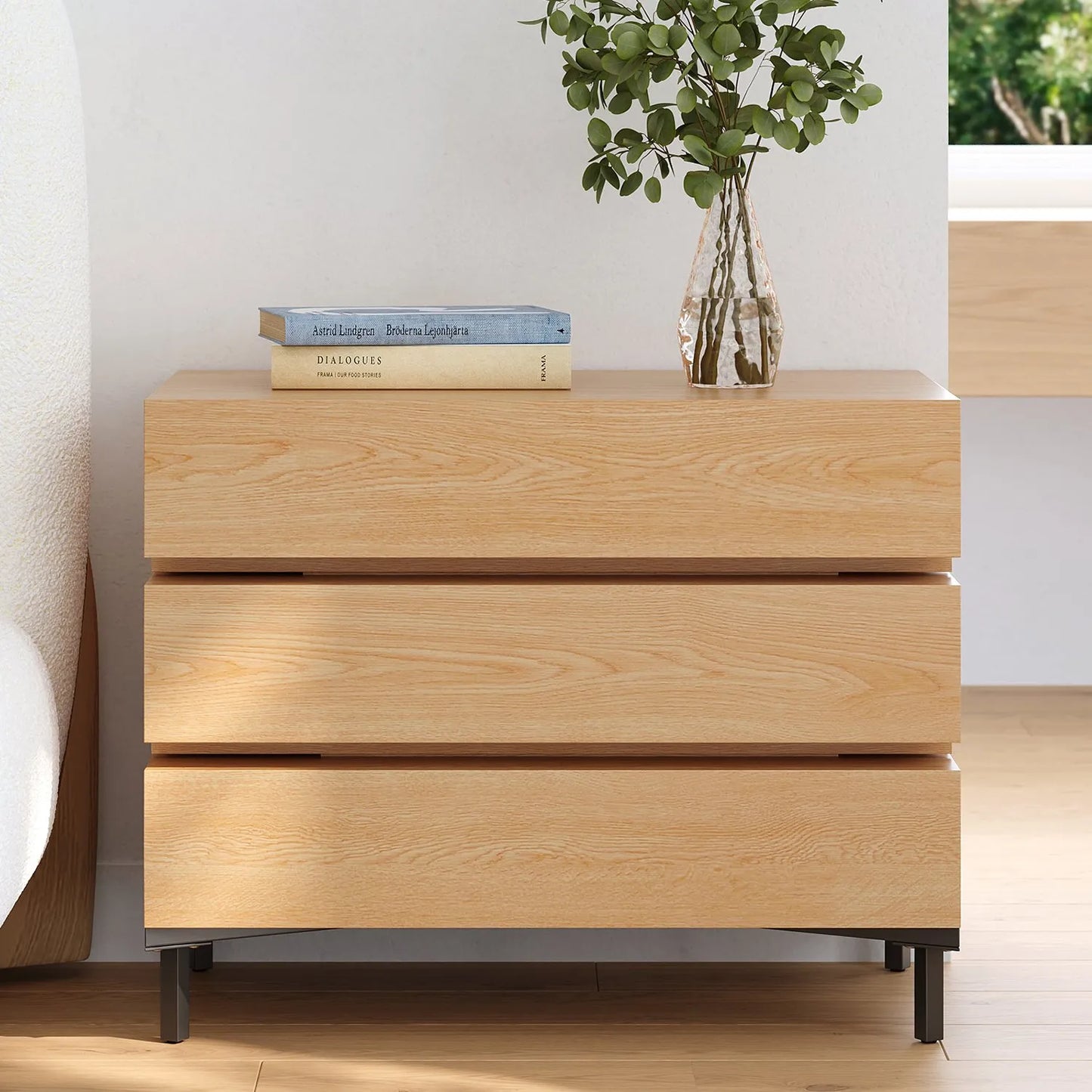 Industrial Oak Wood Nightstand With Metal Frame And Storage