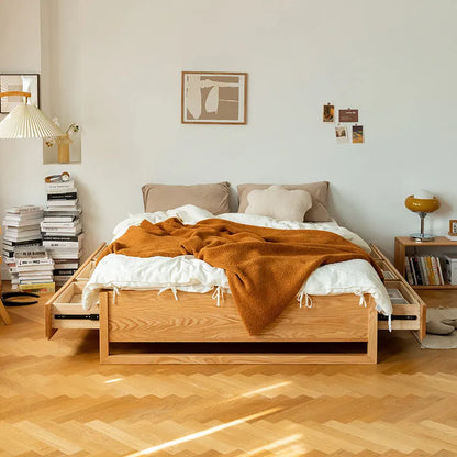 Low Profile Oak Wood Bed Frame With Veneer Finish