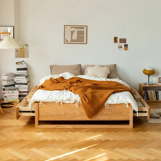 Low Profile Oak Wood Bed Frame With Veneer Finish