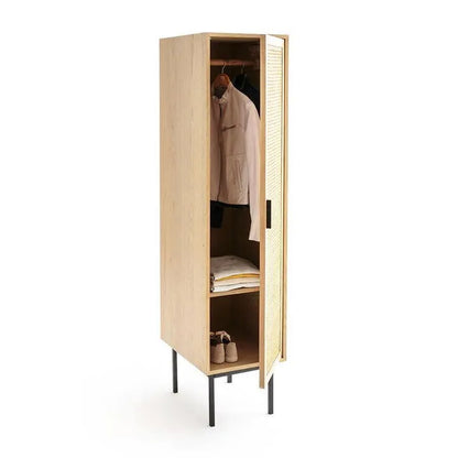 Oak Wood And Rattan Wardrobe With Metal Accents
