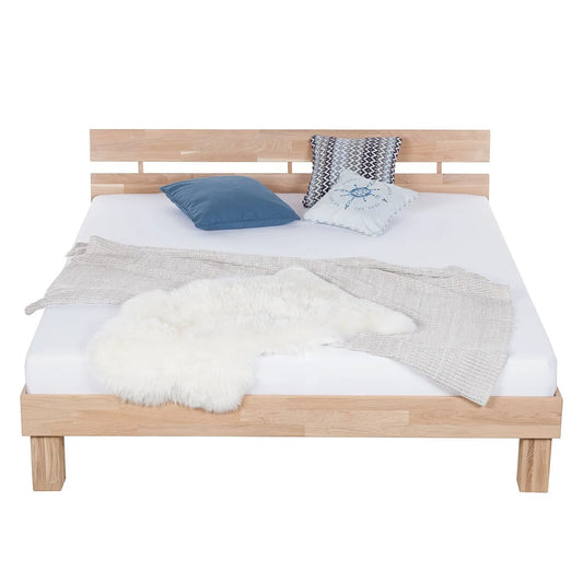 Oak Wood Bed Frame With Mid Height Headboard And Simple Design