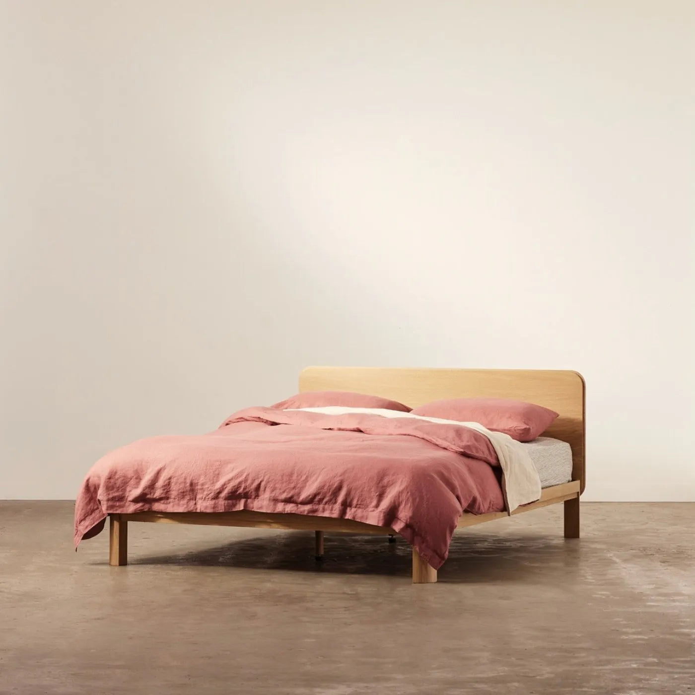 Oak Wood Bed Frame With Tall Headboard And Minimalist Design