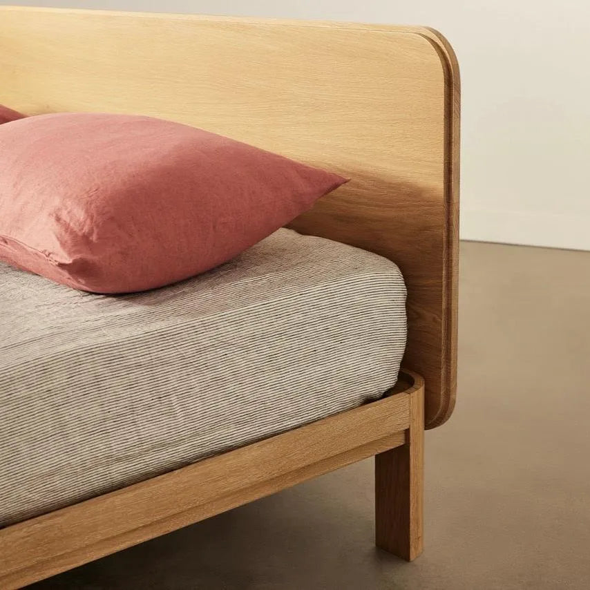 Oak Wood Bed Frame With Tall Headboard And Minimalist Design