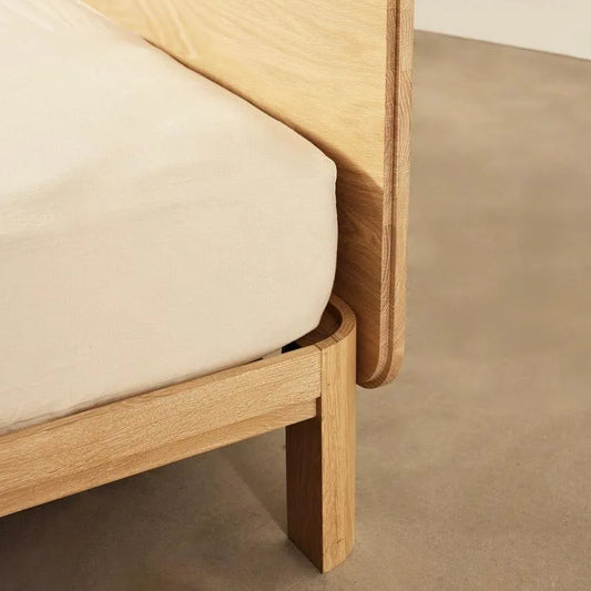 Oak Wood Bed Frame With Tall Headboard And Minimalist Design