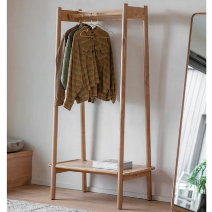 Oak Wood Clothes Rack With Shelf And Hanging Bar