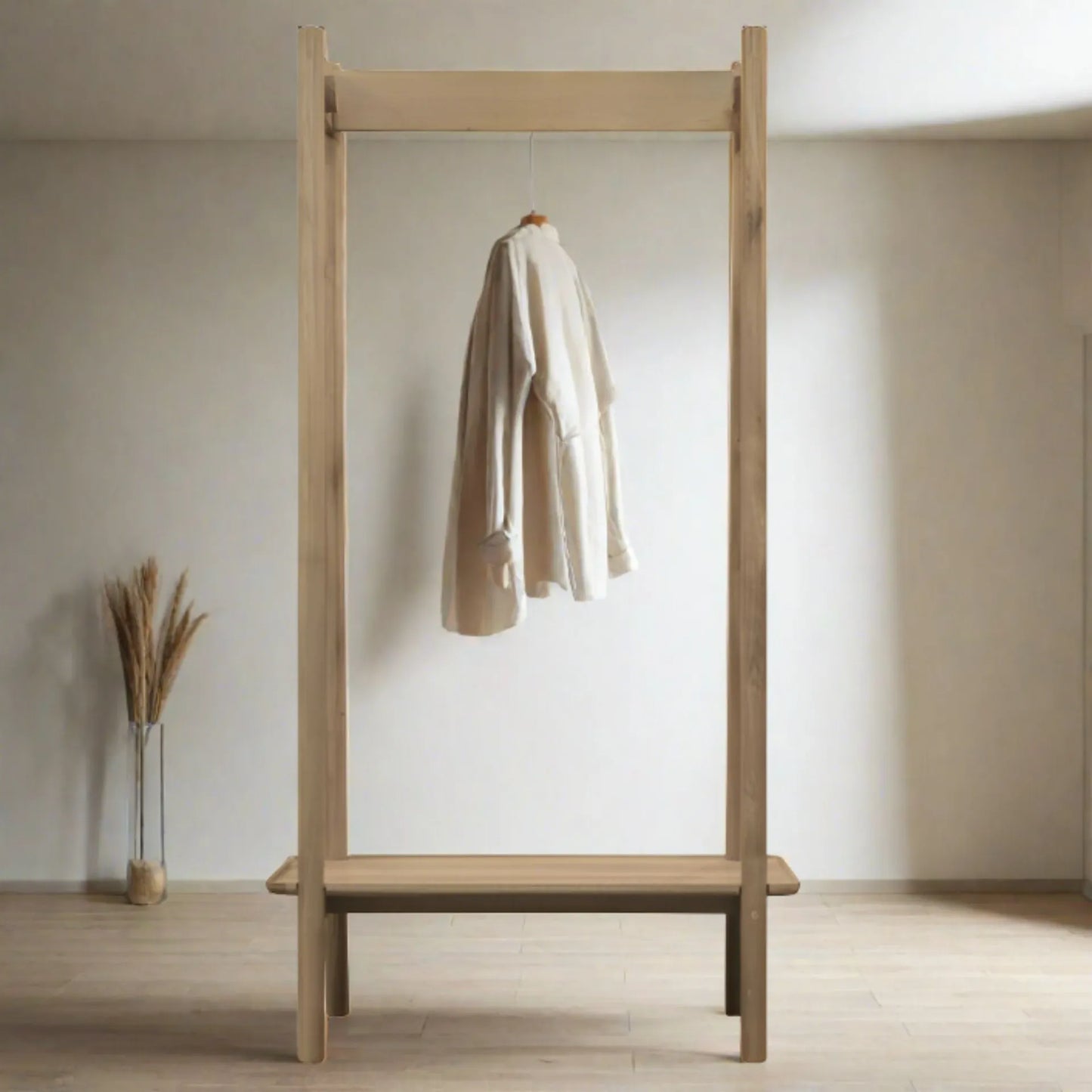 Oak Wood Clothes Rack With Shelf And Hanging Bar