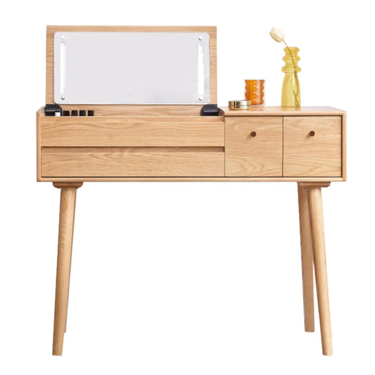 Oak Wood Dressing Table With Flip Mirror And Storage Drawers