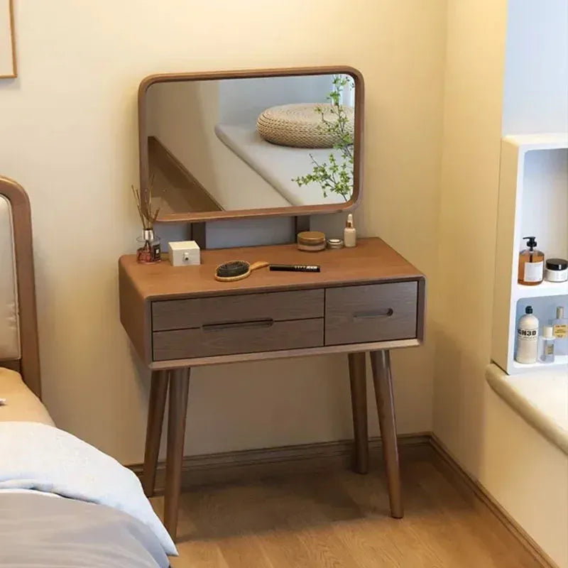 Oak Wood Dressing Table With Horizontal Mirror And Drawer Storage