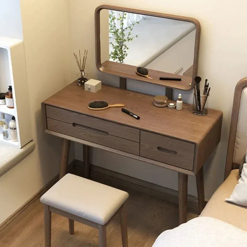 Oak Wood Dressing Table With Horizontal Mirror And Drawer Storage
