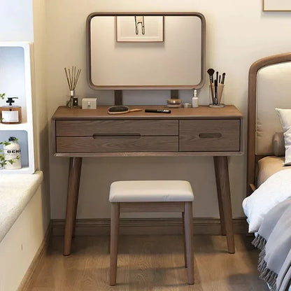 Oak Wood Dressing Table With Horizontal Mirror And Drawer Storage