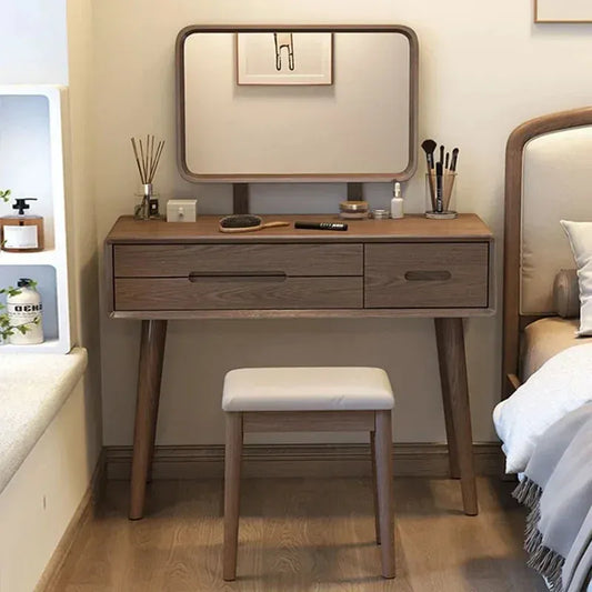 Oak Wood Dressing Table With Horizontal Mirror And Drawer Storage