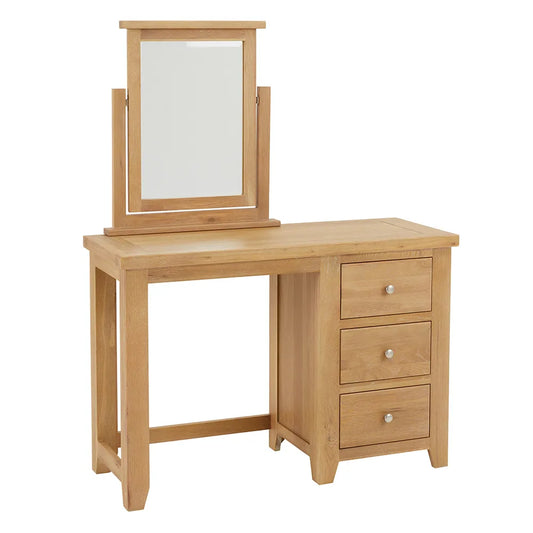 Oak Wood Dressing Table With Mirror And Three Drawer Storage