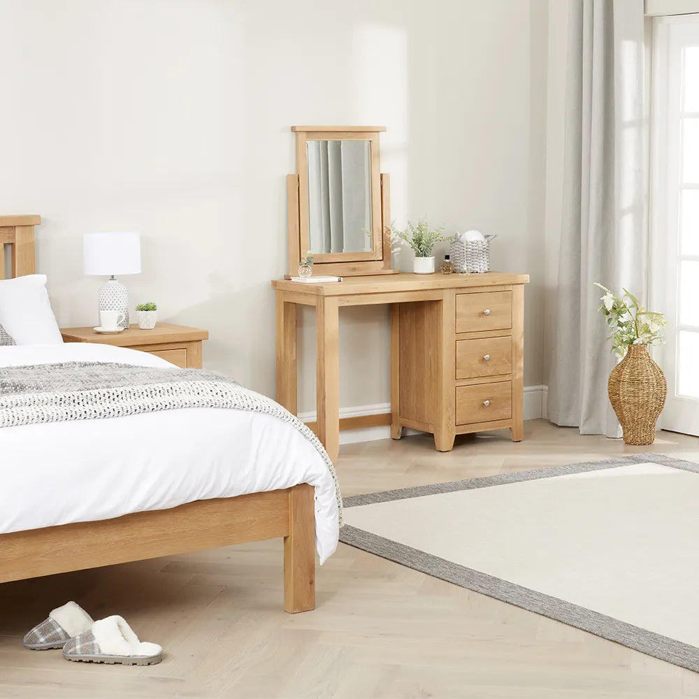 Oak Wood Dressing Table With Mirror And Three Drawer Storage