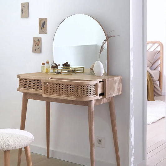 Oak Wood Dressing Table With Rattan Drawers And Arched Mirror