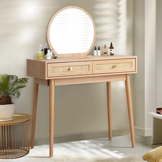 Oak Wood Dressing Table With Rattan Drawers And Round Mirror