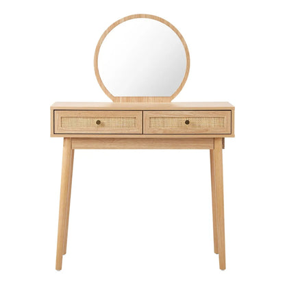 Oak Wood Dressing Table With Rattan Drawers And Round Mirror