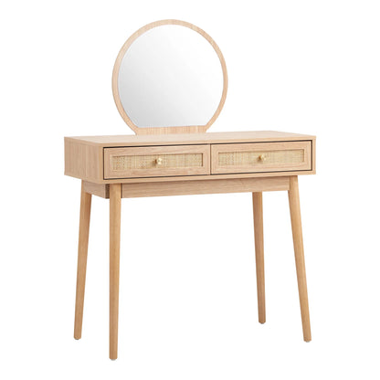 Oak Wood Dressing Table With Rattan Drawers And Round Mirror