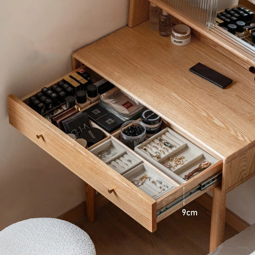 Oak Wood Dressing Table With Sliding Mirror And Storage Drawer